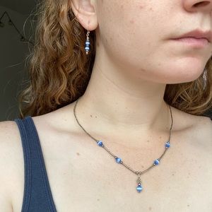 Blue bead & silver flower necklace & earring set